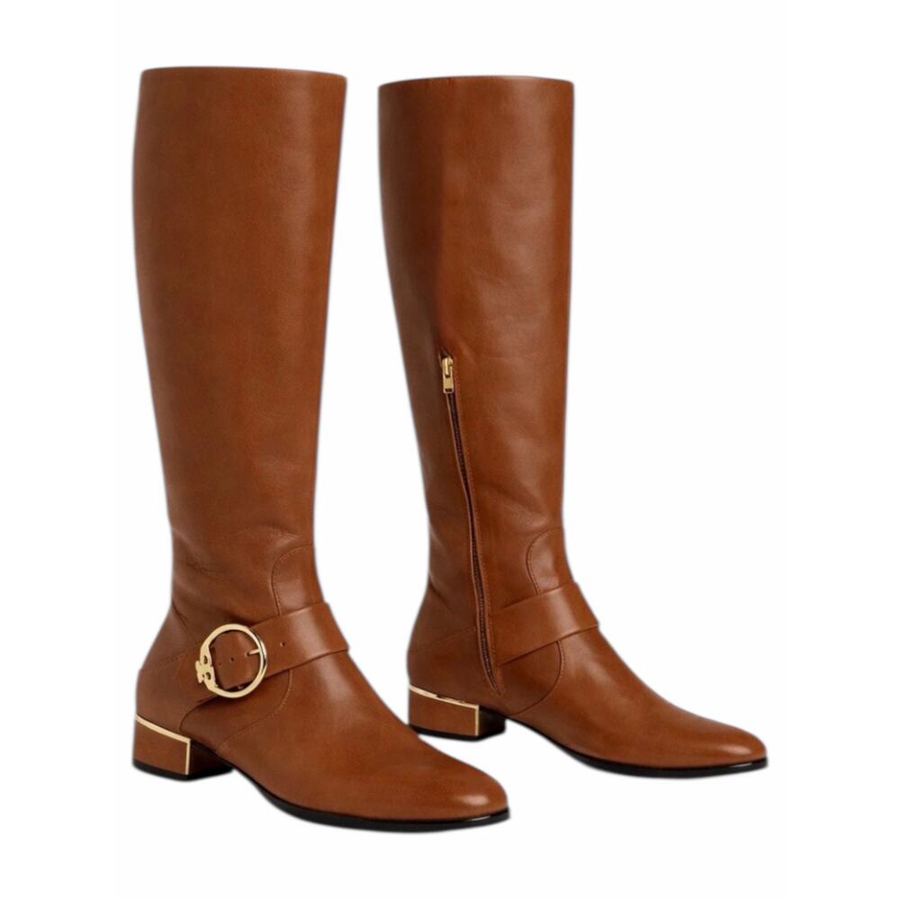 Tory Burch Sofia Tall Riding Boots Leather Logo Festive Brown Size 7 - Picture 3 of 12